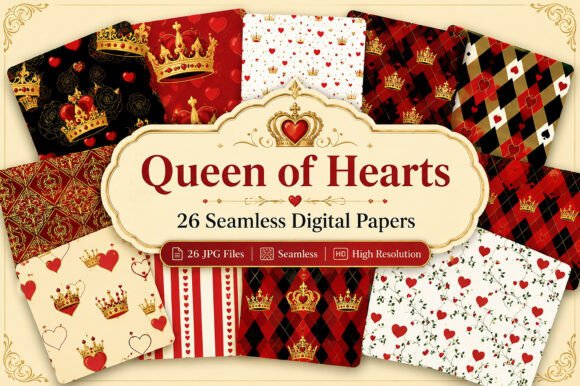 Download Queen of Hearts Seamless Digital Bundle - Queen of hearts Collection